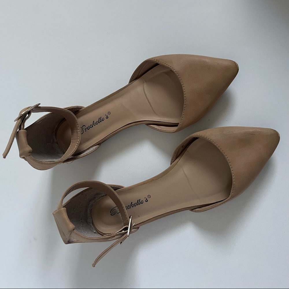 Breckelles Tan Pointed Toe Ankle Strap Flats